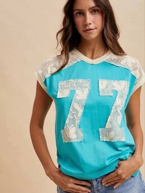 Turquoise Lace-Trim '77' Tank Top